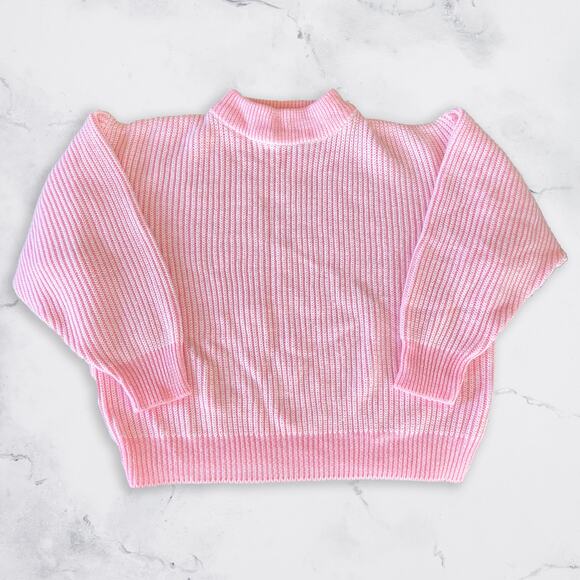 Vintage 80s 90s Pink + White Mock Neck Ribbed Knit Sweater / S - Picture 1 of 11